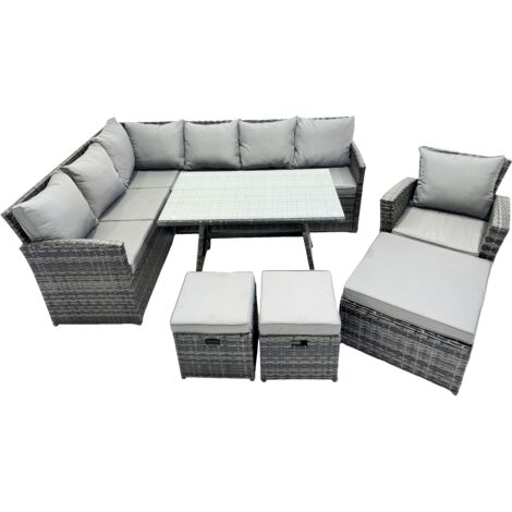 Fimous 10 Seat Poly Rattan Outdoor Patio Oblong Dining Table Corner Sofa Set with 3 Stool Chair for Garden Backyard Dark Grey Mixed