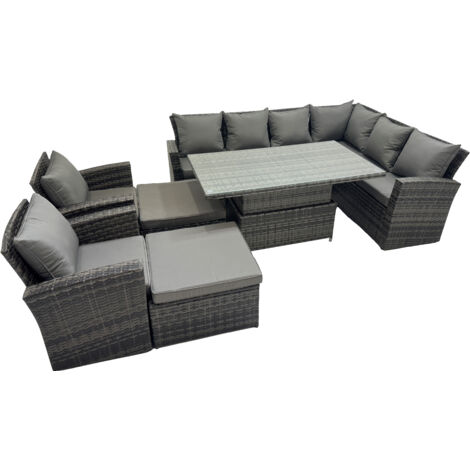 Fimous 10 Seat Rattan Garden Furniture Corner Sofa Set Outdoor Adjustable Lifting Dining or Coffee Table Set with 2 Big Footstools Dark Grey Mixed