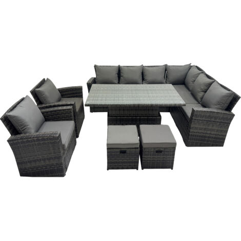 Fimous 10 Seat Rattan Garden Furniture Corner Sofa Set Outdoor Adjustable Lifting Dining or Coffee Table Set with 2 Small Footstools Dark Grey Mixed
