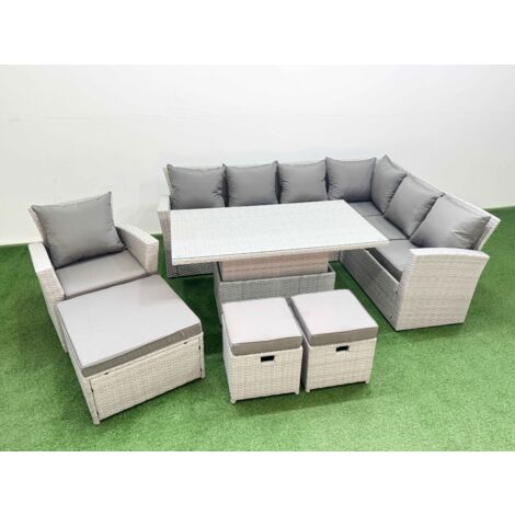 Fimous 10 Seat Rattan Garden Furniture Corner Sofa Set Outdoor Adjustable Lifting Dining or Coffee Table Set with 3 Footstools Light Grey