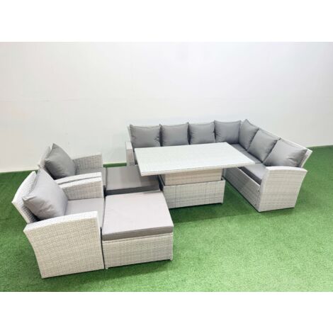 Fimous 10 Seat Rattan Garden Furniture Corner Sofa Set Outdoor Adjustable Lifting Dining or Coffee Table Set with Armchair Light Grey