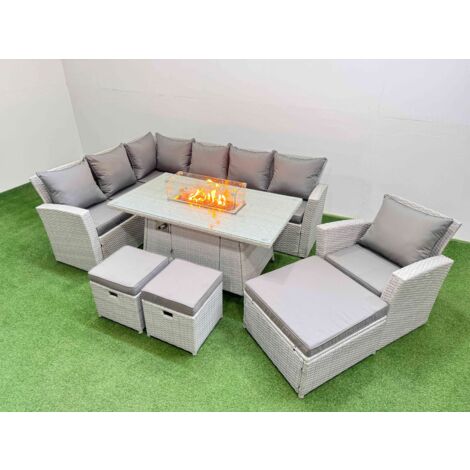 Fimous 10 Seat Rattan Garden Furniture Corner Sofa Set Outdoor Gas Fire Pit Table Sets with 3 Footstools Light Grey