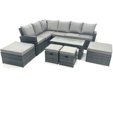 Fimous 10 Seat Rattan Garden Furniture Corner Sofa Set Outdoor Patio Sofa Chair Table Set with 2 Small Footstools 2 Big Footstools Dark Grey Mixed
