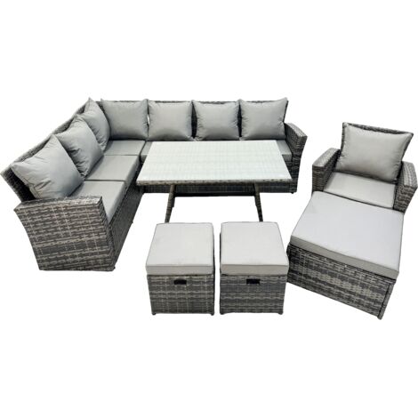 Fimous 10 Seat Rattan High Back Corner Sofa Set Patio Dining Table Set with 3 Footstool Dark Grey Mixed
