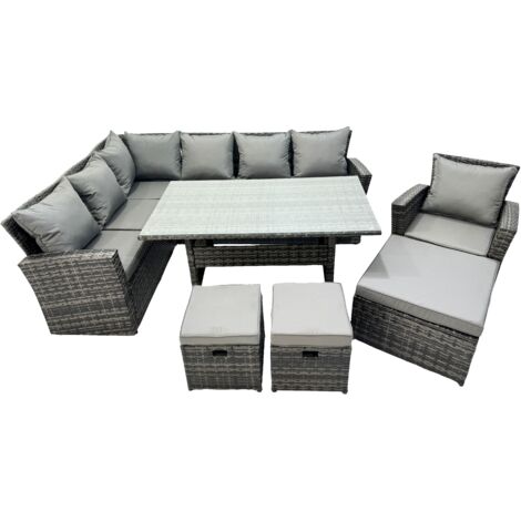 Fimous 10 Seat Rattan High Back Corner Sofa Set Patio Dining Table Set with 3 Stools Chair Dark Grey Mixed