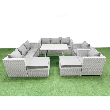 Fimous 10 Seater Garden Furniture Set PE Ratten Garden Sofa Set with Rectangular Dining Table 2 Big Stool Light Grey