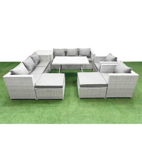 Fimous 10 Seater Garden Furniture Set PE Ratten Garden Sofa Set with Rectangular Dining Table 2 Big Stool Side Table Light Grey