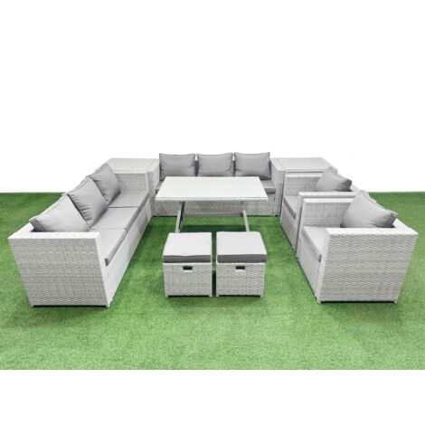 Fimous 10 Seater Garden Furniture Set PE Ratten Garden Sofa Set with Rectangular Dining Table 2 Small Stools 2 Side Tables Light Grey