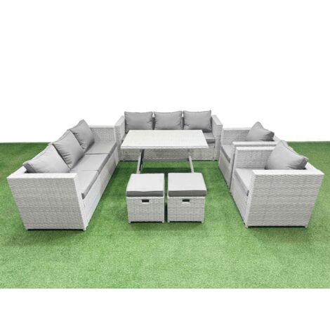 Fimous 10 Seater Garden Furniture Set PE Ratten Garden Sofa Set with Rectangular Dining Table 2 Small Stools Light Grey