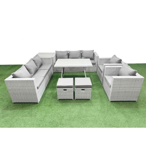 Fimous 10 Seater Garden Furniture Set PE Ratten Garden Sofa Set with Rectangular Dining Table 2 Small Stools Side Table Light Grey