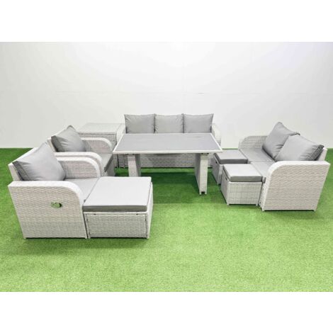 Fimous 10 Seater Garden Furniture Set PE Ratten Garden Sofa Set with Rectangular Dining Table 3 Stool Side Table Light Grey