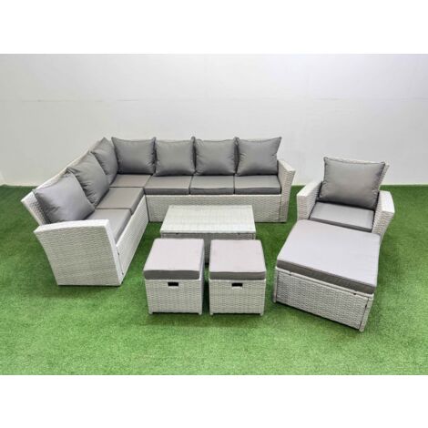 Fimous 10 Seater Garden Outdoor PE Rattan Furniture Set Rattan Garden Sofa Set with 3 Footstools Light Grey Mixed