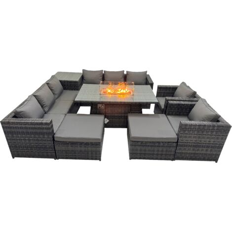 Fimous 10 Seater Garden Outdoor Rattan Furniture Set Patio Corner Sofa Gas Firepit Dining Table with Side Table 2 Big Stools Dark Grey