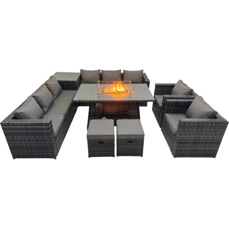 Fimous 10 Seater Garden Outdoor Rattan Furniture Set Patio Corner Sofa Gas Firepit Dining Table with Side Table 2 Small Stools Dark Grey