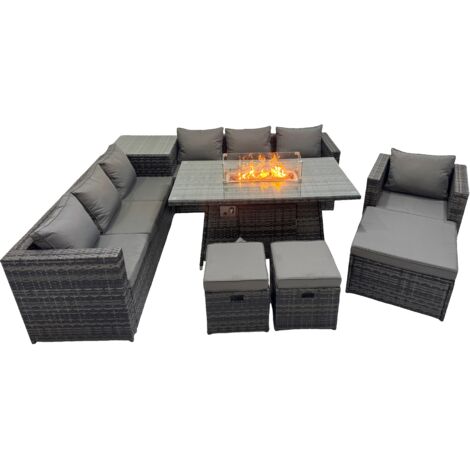 Fimous 10 Seater Garden Outdoor Rattan Furniture Set Patio Corner Sofa Gas Firepit Dining Table with Side Table 3 Stools Dark Grey