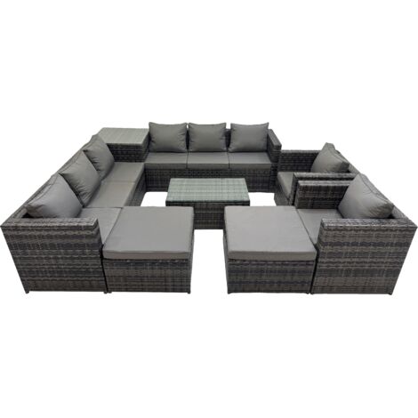 Fimous 10 Seater Garden Outdoor Rattan Furniture Set Patio Corner Sofa Rectangular Coffee Table with 2 Big Stools Side Table Dark Grey