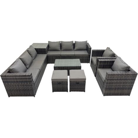 Fimous 10 Seater Garden Outdoor Rattan Furniture Set Patio Corner Sofa Rectangular Coffee Table with 2 Small Stool Dark Grey