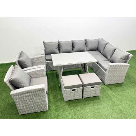 Fimous 10 Seater Garden Outdoor Rattan Furniture Set Rattan Corner Sofa Oblong Dining Table with 2 Armchairs 2 Small Footstools Light Grey Mixed