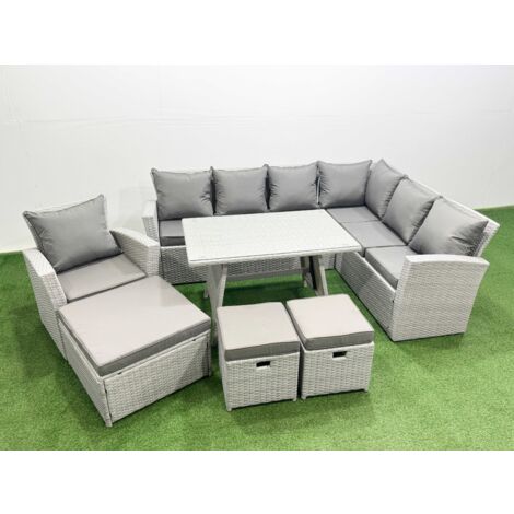 Fimous 10 Seater Garden Outdoor Rattan Furniture Set Rattan Corner Sofa Oblong Dining Table with Armchair 2 Small Footstools Light Grey Mixed