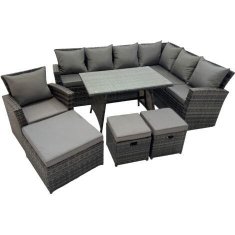 Fimous 10 Seater Garden Outdoor Rattan Furniture Set Rattan Corner Sofa Oblong Dining Table with Armchair 3 Footstools Dark Grey Mixed