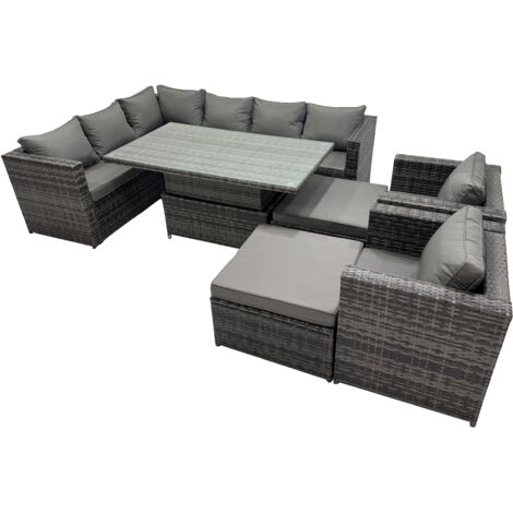 Fimous 10-seater Height Adjustable Rising Lifting Table Corner Sofa Set Rattan Garden Furniture Dining Set with 2 Big Stools Dark Grey Mixed