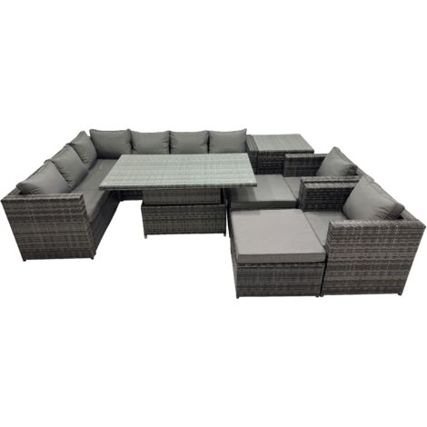 Fimous 10-seater Height Adjustable Rising Lifting Table Corner Sofa Set Rattan Garden Furniture Dining Set with 2 Big Stools Side Table Dark Grey Mixed