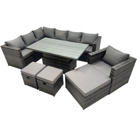 Fimous 10-seater Height Adjustable Rising Lifting Table Corner Sofa Set Rattan Garden Furniture Dining Set with 3 Stool Dark Grey Mixed