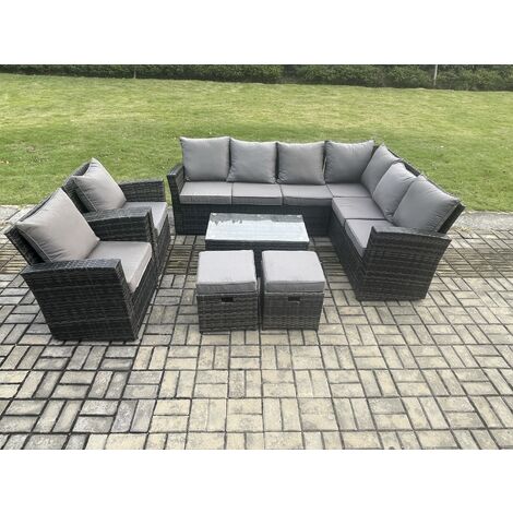 Fimous 10 Seater High Back Outdoor Garden Furniture Set Rattan Corner Sofa Set With Rectangular Coffee Table 2 Small Footstools Armchairs Dark Grey Mixed
