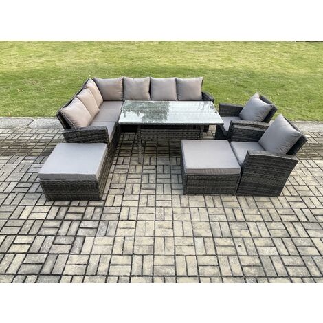 Fimous 10 Seater High Back Rattan Garden Furniture Set Corner Sofa With Rectangular Dining Table 2 Arm Chairs 2 Big Footstool