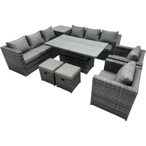 Fimous 10 Seater Outdoor Corner Sofa Height Adjustable Rising Lifting Table Set Garden Rattan Furniture Set with Side Table 2 Small Stools Dark Grey
