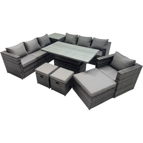 Fimous 10 Seater Outdoor Corner Sofa Height Adjustable Rising Lifting Table Set Garden Rattan Furniture Set with Side Table 3 Stool Dark Grey