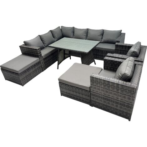 Fimous 10-seater Outdoor PE Rattan Sofa Set with Dining Table Patio Garden Furniture Sets with 2 Chair 2 Big Stools Dark Grey Mixed
