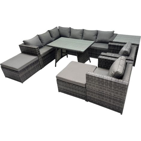 Fimous 10-seater Outdoor PE Rattan Sofa Set with Dining Table Patio Garden Furniture Sets with 2 Chair 2 Big Stools Side Table Dark Grey Mixed