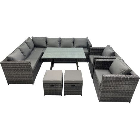Fimous 10-seater Outdoor PE Rattan Sofa Set with Dining Table Patio Garden Furniture Sets with 2 Chair 2 Small Stools Dark Grey Mixed