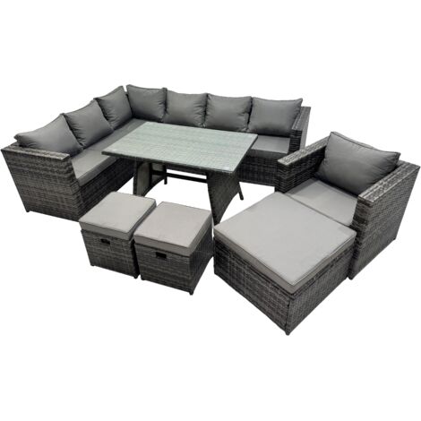 Fimous 10-seater Outdoor PE Rattan Sofa Set with Dining Table Patio Garden Furniture Sets with Chair 3 Stools Dark Grey Mixed