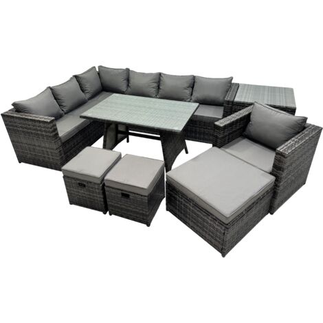 Fimous 10-seater Outdoor PE Rattan Sofa Set with Dining Table Patio Garden Furniture Sets with Chair 3 Stools Side Table Dark Grey Mixed