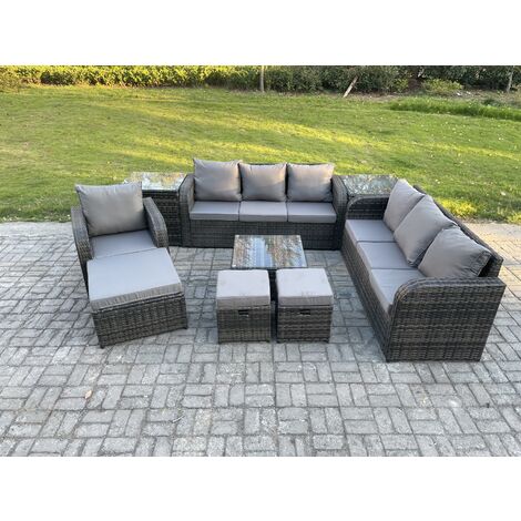Fimous 10 Seater Outdoor Rattan Garden Furniture Set Conservatory Patio Sofa Coffee Table With Reclining Chair 3 Footstools 2 Side Tables Dark Grey Mixed