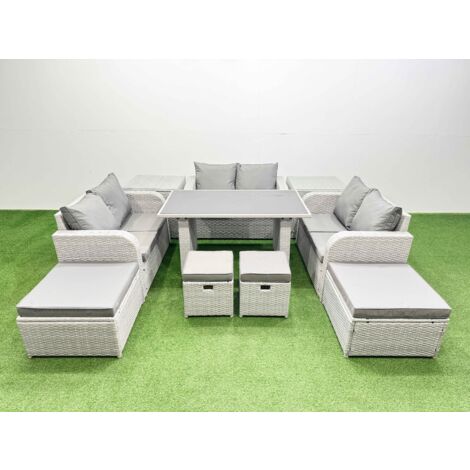 Fimous 10 Seater Patio Garden Furniture Sets with Black Glass Top Dining Table Love Sofa 4 Stools Light Grey