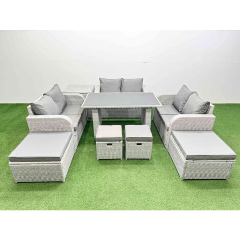 Fimous 10 Seater Patio Garden Furniture Sets with Black Glass Top Dining Table Love Sofa Side Table 4 Stools Light Grey