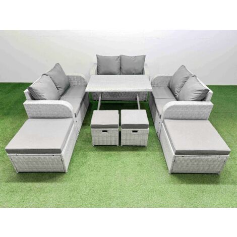 Fimous 10 Seater Patio Garden Furniture Sets with Dining Table Love Sofa 4 Stools Light Grey