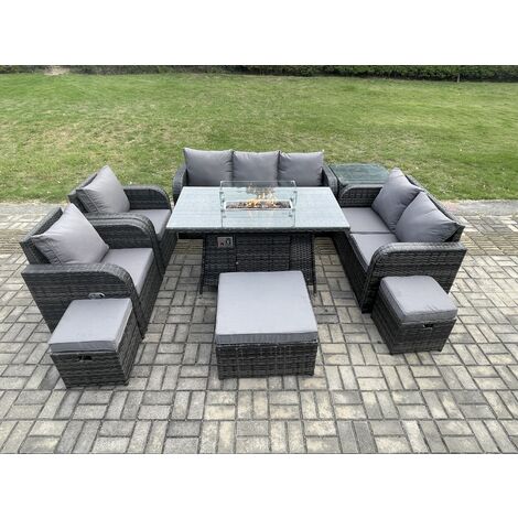 Fimous 10 Seater PE Wicker Outdoor Rattan Garden Furniture Set Propane Gas Fire Pit Table and Sofa Chair set with 3 Footstools Side Table