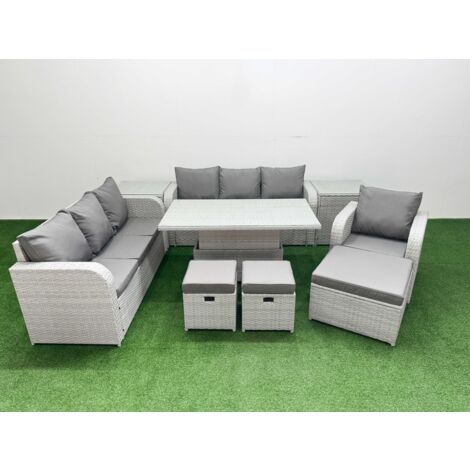 Fimous 10 Seater Poly Rattan Outdoor Garden Furniture Adjustable Lifting Dining or Coffee Table Sofa Set Patio 3 Seater Sofa Reclining Chair 3 Seater Sofa 3 Stools 2 Side Table Light Grey