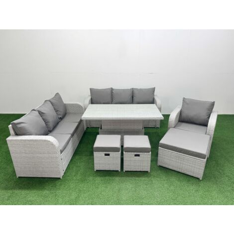 Fimous 10 Seater Poly Rattan Outdoor Garden Furniture Adjustable Lifting Dining or Coffee Table Sofa Set Patio 3 Seater Sofa Reclining Chair 3 Seater Sofa 3 Stools Light Grey