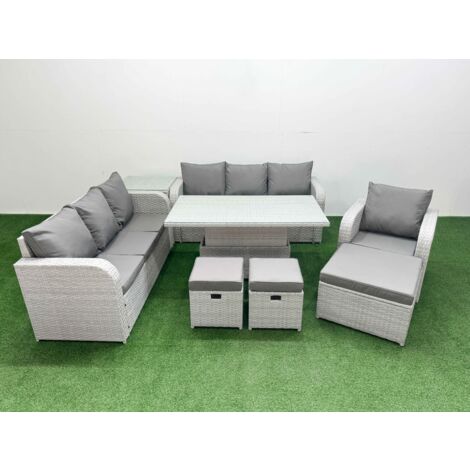 Fimous 10 Seater Poly Rattan Outdoor Garden Furniture Adjustable Lifting Dining or Coffee Table Sofa Set Patio 3 Seater Sofa Reclining Chair 3 Seater Sofa 3 Stools Side Table Light Grey