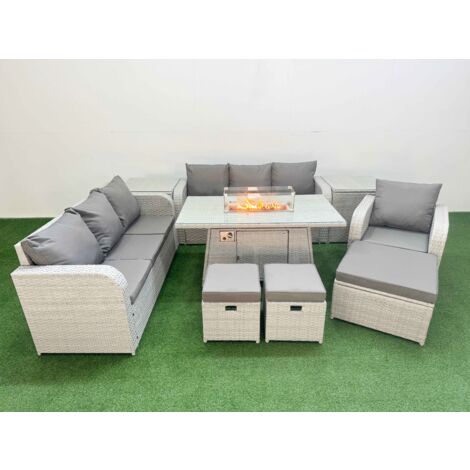 Fimous 10 Seater Poly Rattan Outdoor Garden Furniture Firepit Dining Table Sofa Set Patio 3 Seater Sofa Reclining Chair 3 Seater Sofa 3 Stools 2 Side Table Light Grey