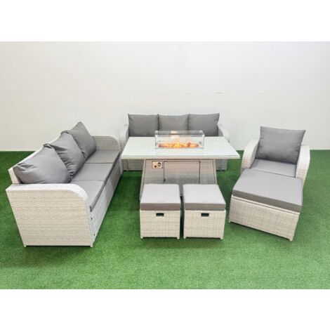Fimous 10 Seater Poly Rattan Outdoor Garden Furniture Firepit Dining Table Sofa Set Patio 3 Seater Sofa Reclining Chair 3 Seater Sofa 3 Stools Light Grey