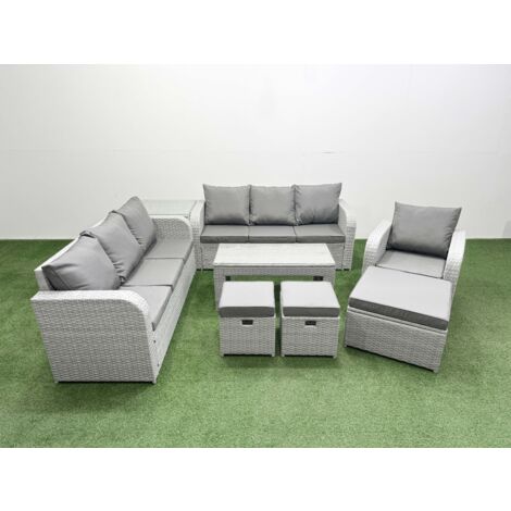 Fimous 10 Seater Poly Rattan Outdoor Garden Furniture Oblong Coffee Table Sofa Set Patio 3 Seater Sofa Reclining Chair 3 Seater Sofa 3 Stools Side Table Light Grey