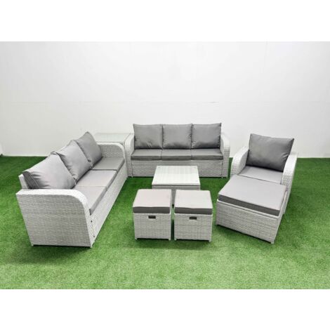 Fimous 10 Seater Poly Rattan Outdoor Garden Furniture Square Coffee Table Sofa Set Patio 3 Seater Sofa Reclining Chair 3 Seater Sofa 3 Stools Side Table Light Grey