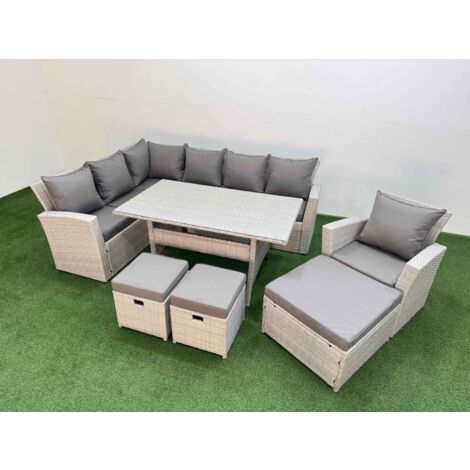 Fimous 10 Seater Rattan Garden Furniture Set Outdoor Patio Dining Corner Sofa Sets with Dining Table Chair 3 Footstools Light Grey Mixed