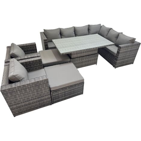 Fimous 10 Seater Rattan Height Adjustable Rising Lifting Table Corner Sofa Sets with 2 Chairs 2 Big Stools Dark Grey Mixed